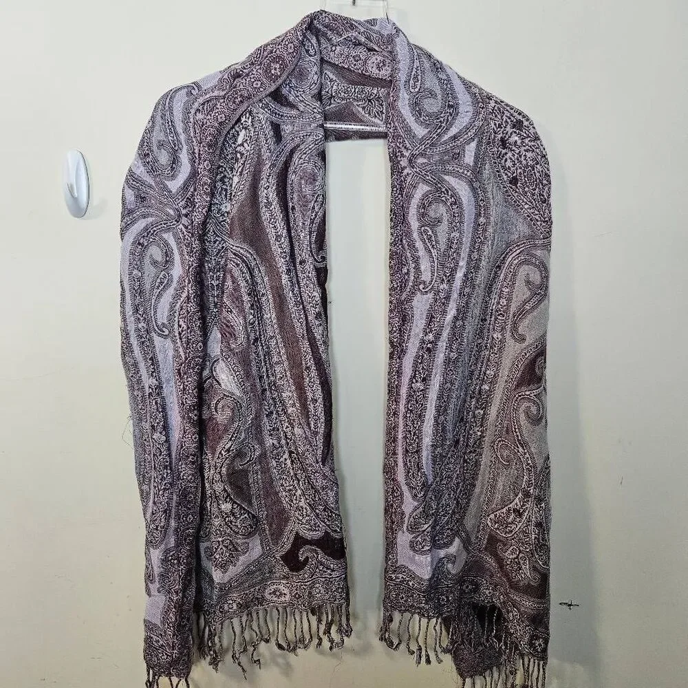 Collection 18 Paisley Print Woven Scarf Wrap W Fringe Lavender Beige Brown Rayon